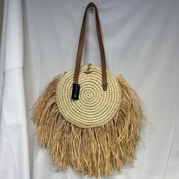 INC International Concepts Handbags - INC Melania Straw Fringe Circle Tote bag boho purse